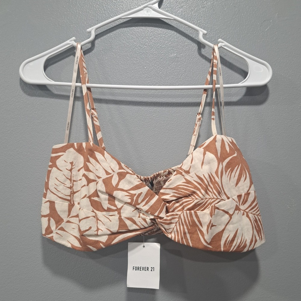 NWT Forever 21 Women Camel‎ Tropical Palm Linen Blend Twist Front Crop Top L